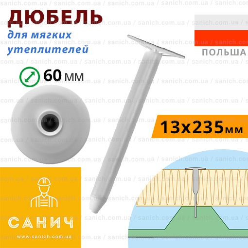 Дюбель LINO 13х235 мм для кріплення м'яких ізоляційних матеріалів (Польща).